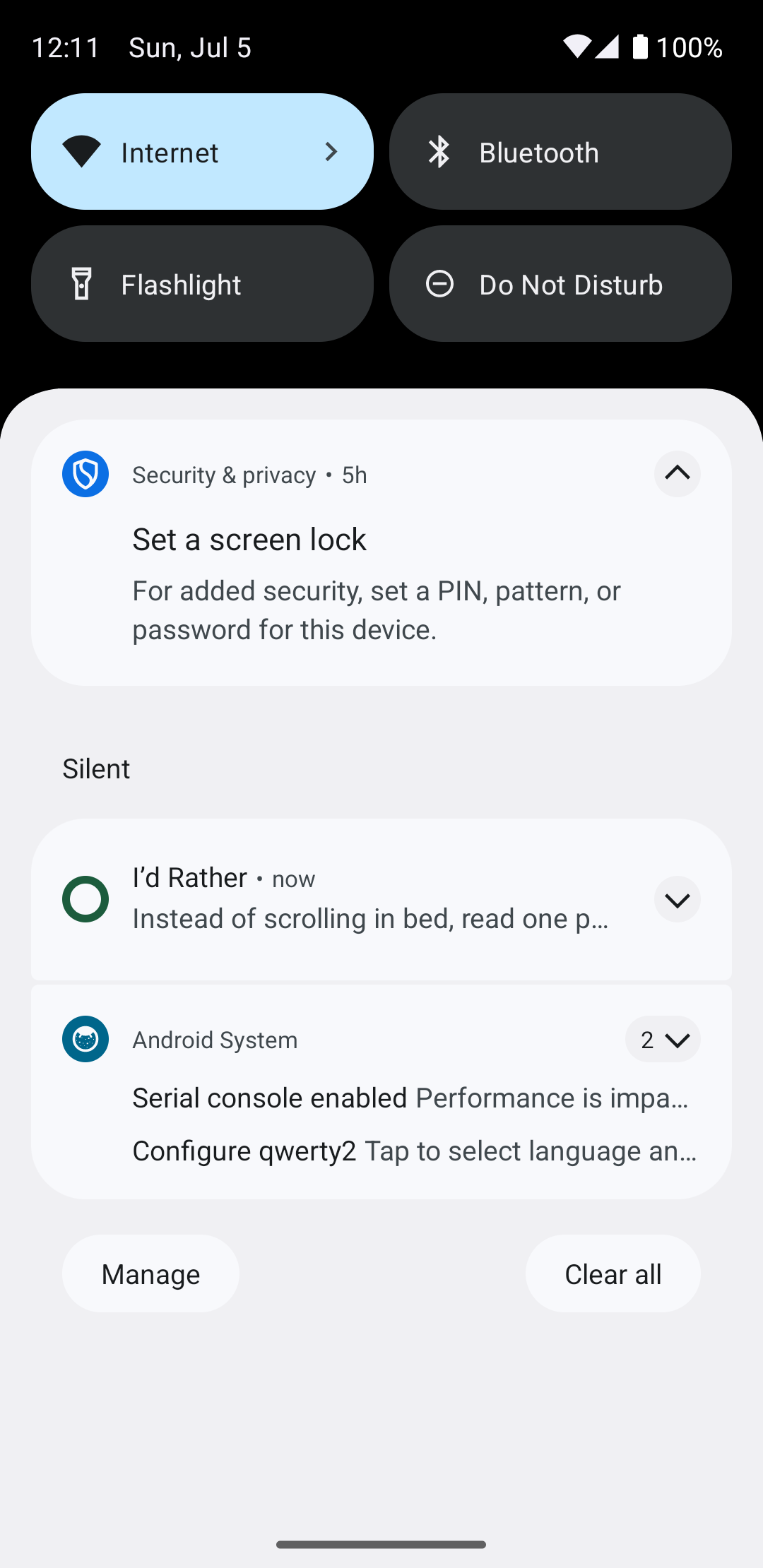 The quiet I&rsquo;d Rather line sitting in a real Android notification shade.