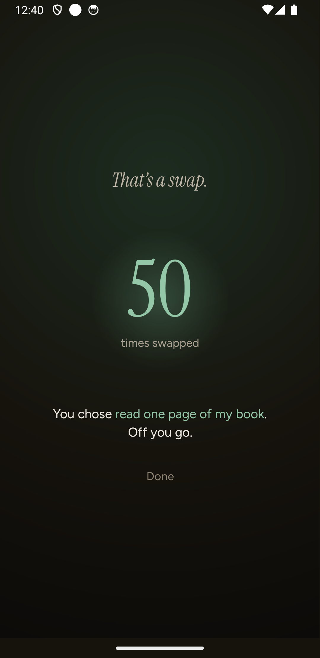 The payoff screen: That&rsquo;s a swap, with the count at fifty.