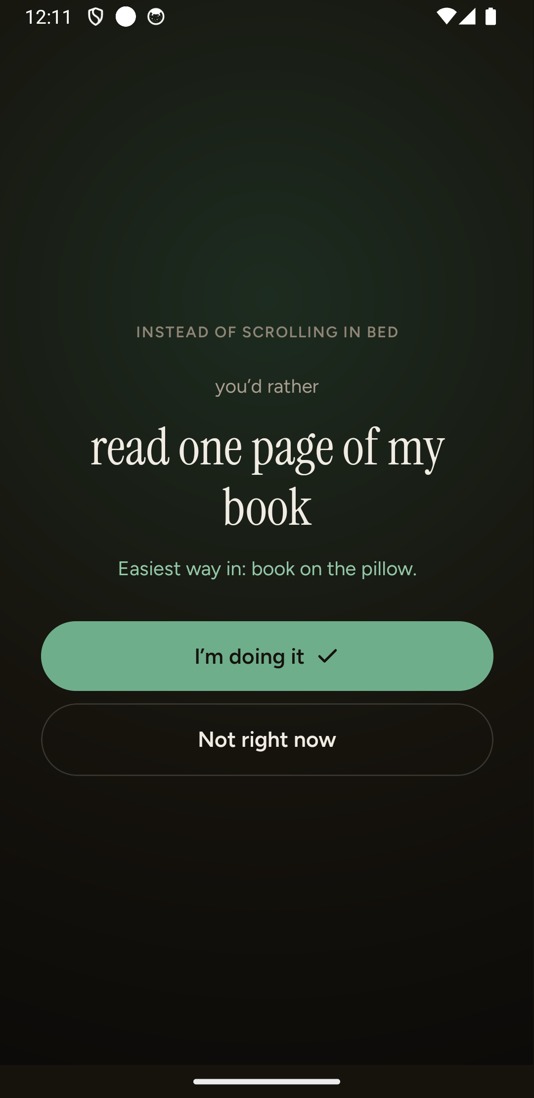 The press landing: instead of scrolling in bed, you&rsquo;d rather read one page of my book — with I&rsquo;m doing it and Not right now.