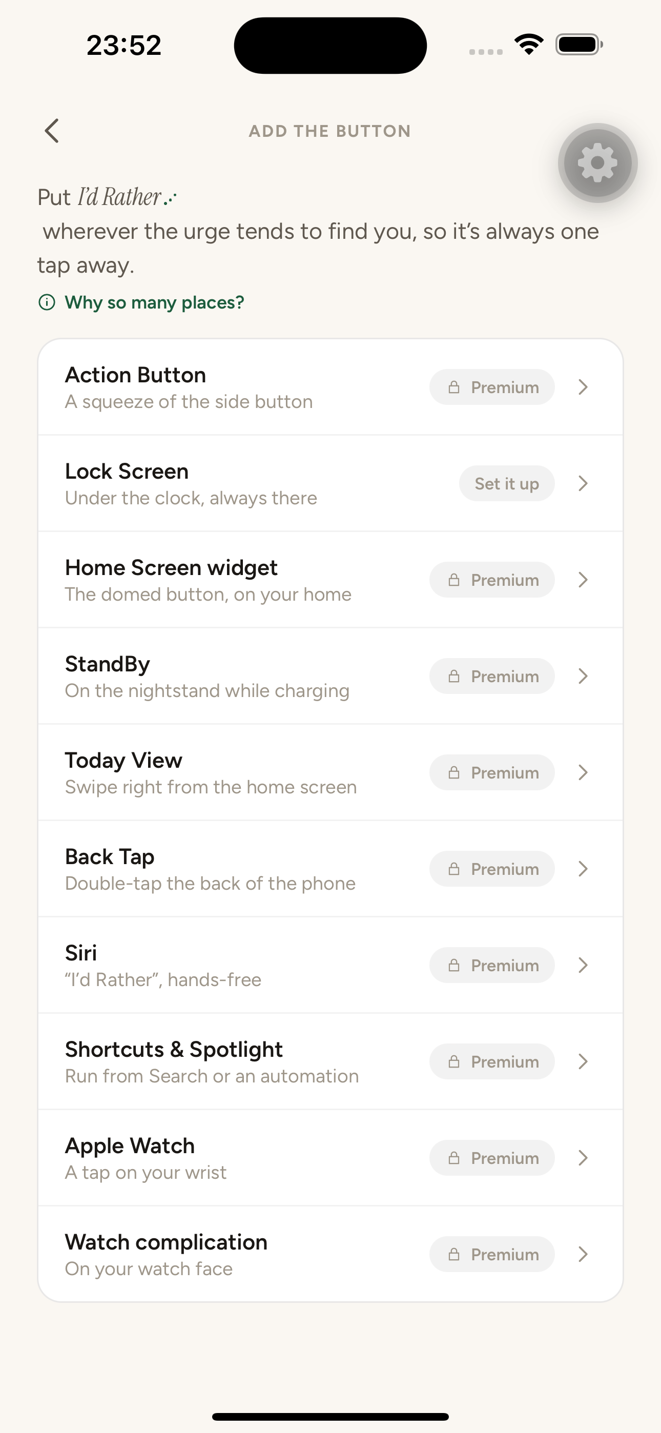 Add the button on iPhone: ten surfaces, each with guided setup.
