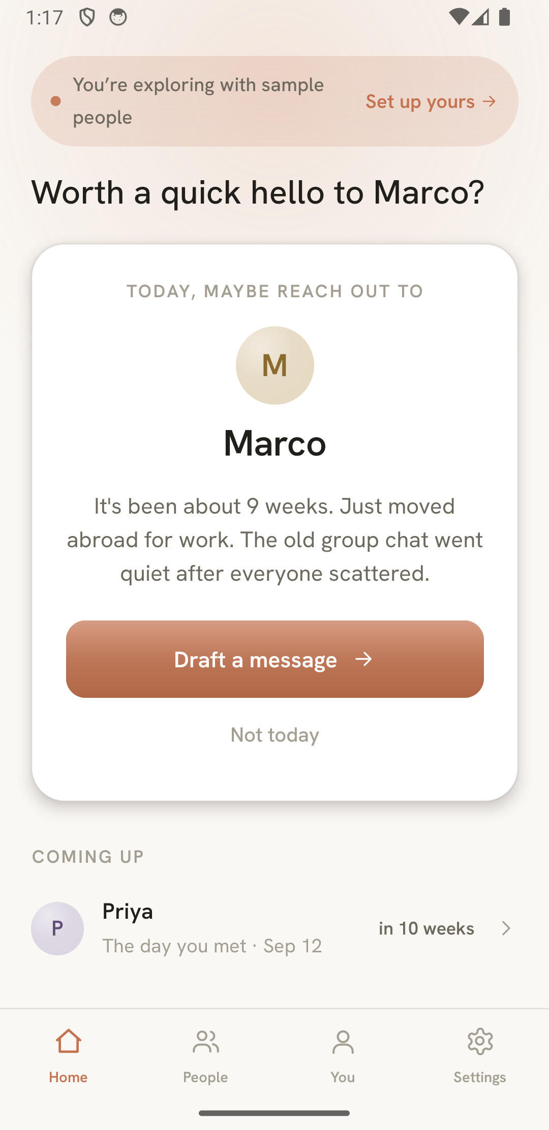 Oathkeep&rsquo;s Today screen asking: worth a quick hello to Marco?