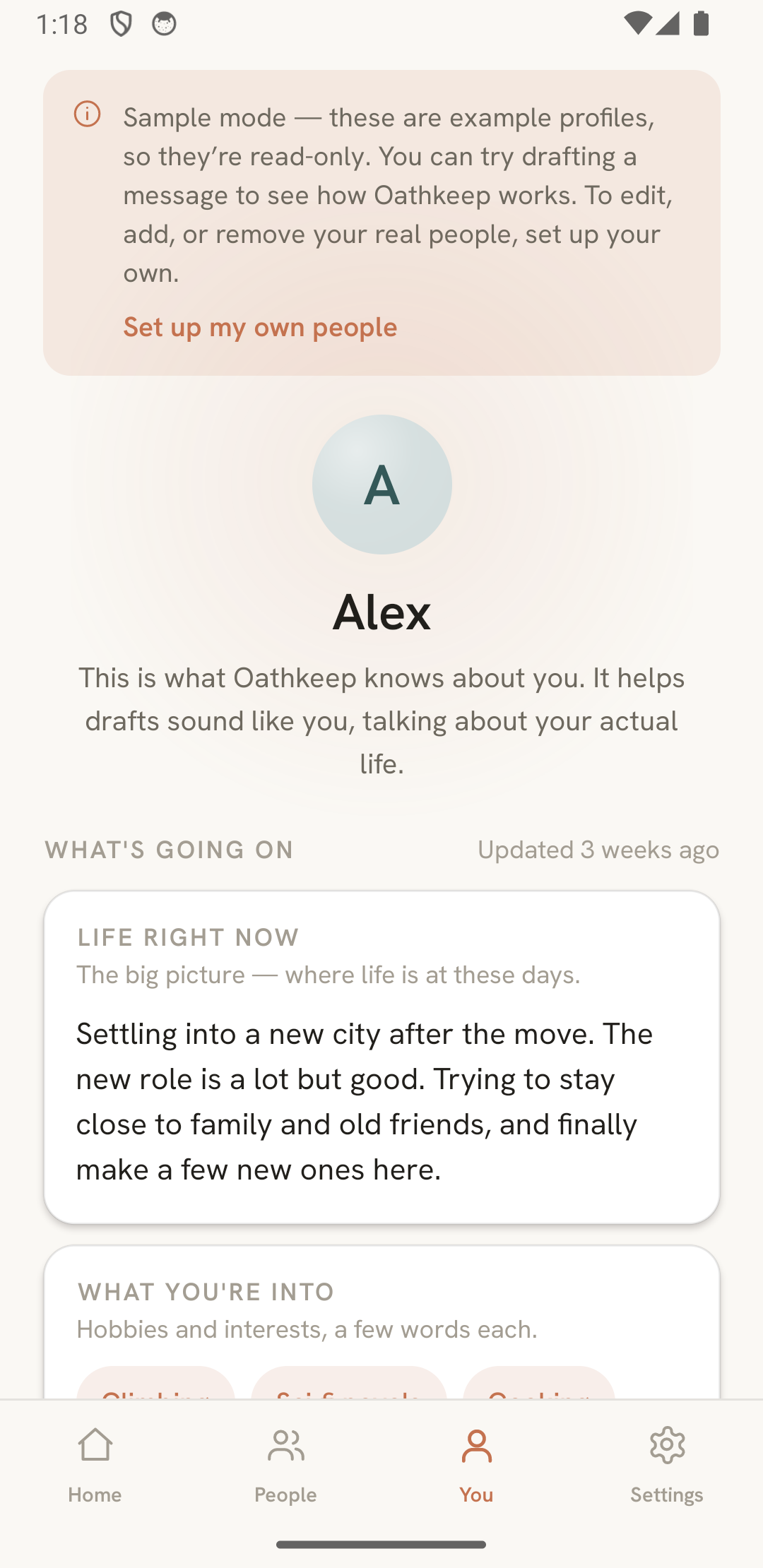 The You tab, where one spoken update sorts itself into your profile.