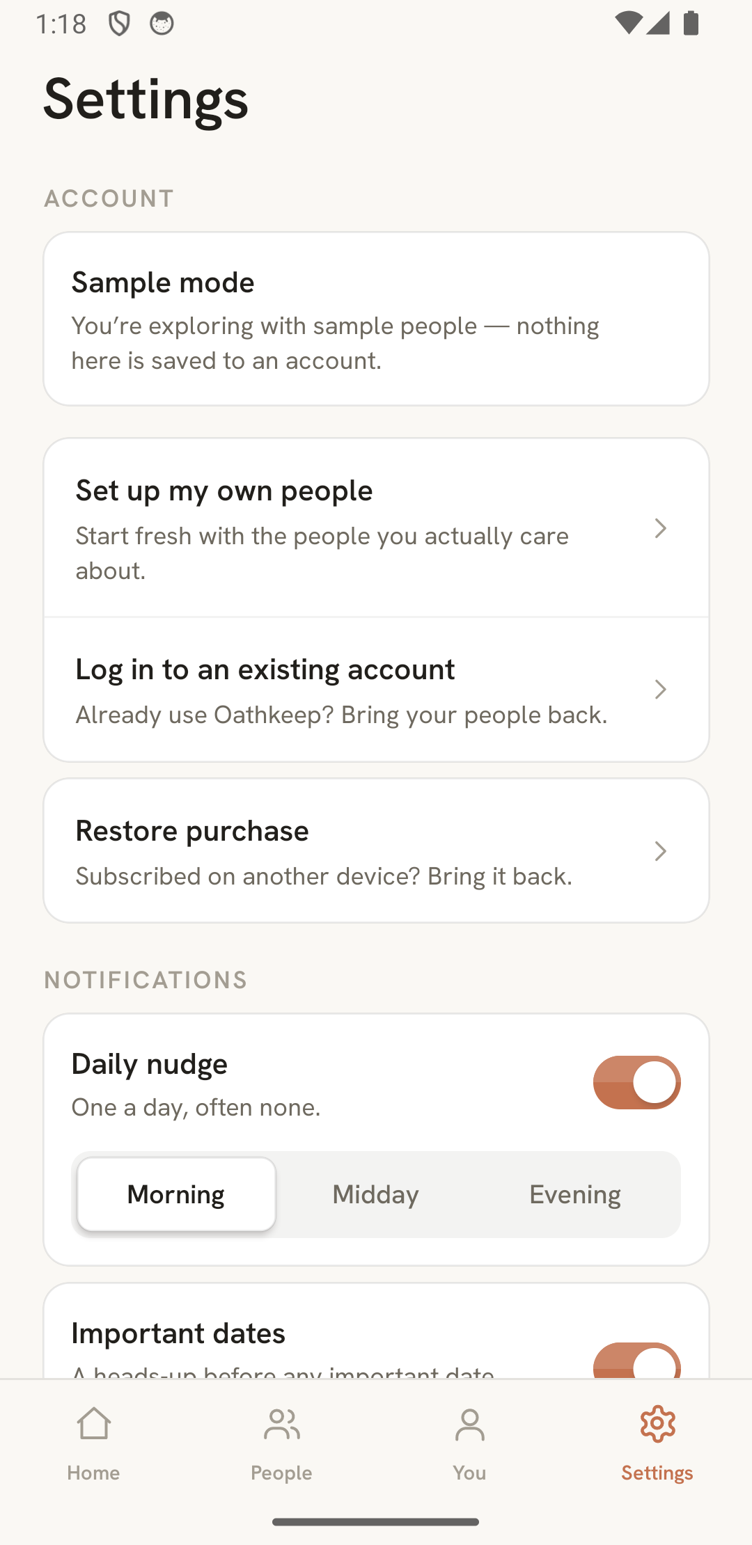 Settings with the Learn my writing voice sample count and clear control, and the privacy rows.